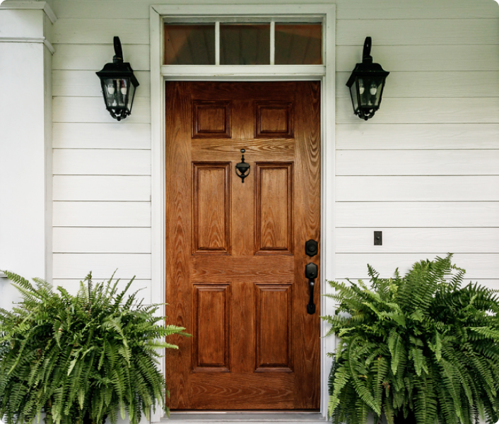 Wooden front door of a home